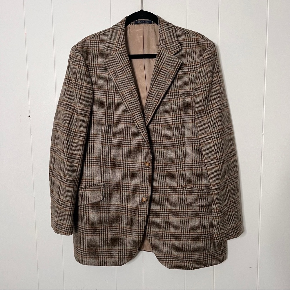 Lands' End 100% Wool Plaid Blazer Sport Coat Tan/Brown Men's 40R